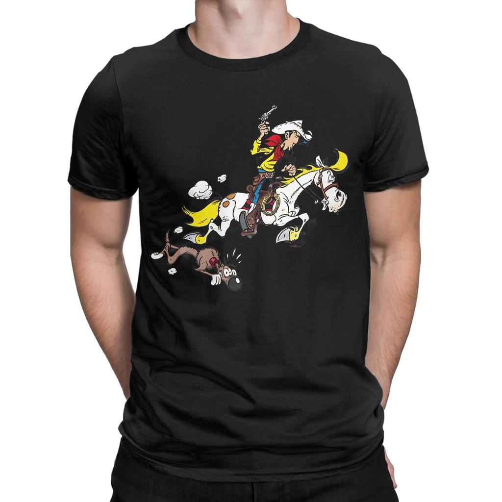 Westlicher Cowboy Cartoon Grafik Lustiges 100% Baumwolle T-Shirt L-Lucky Lukee Tees Oberteile Für Männer