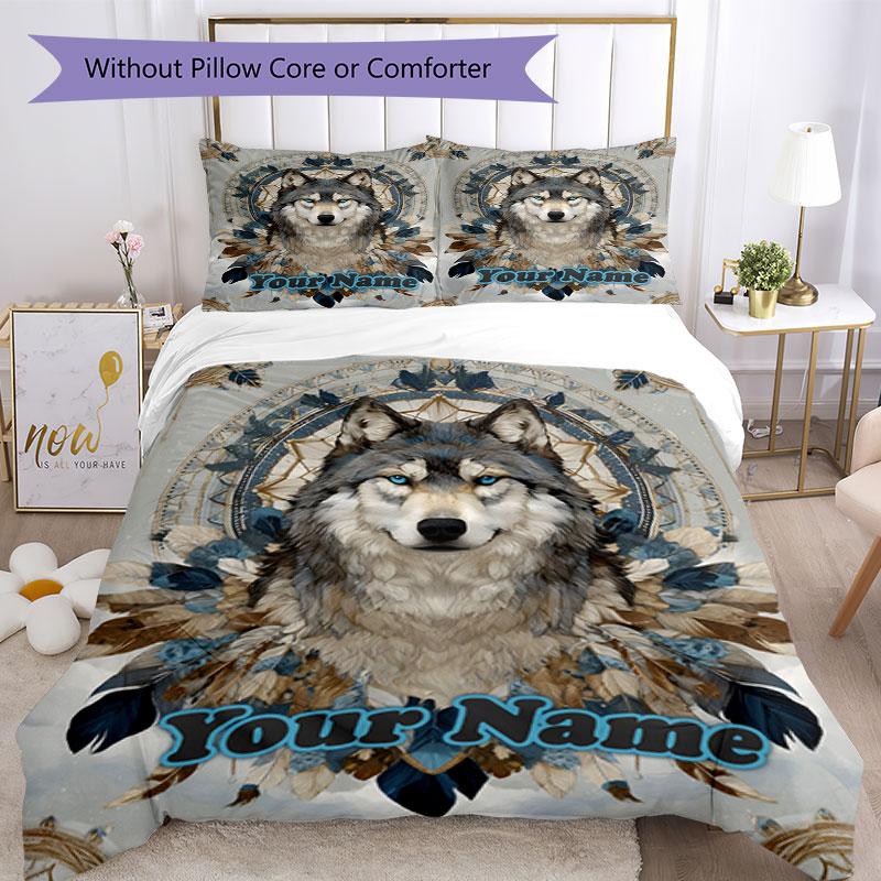 3PC Custom Name Wolf Spirit Dreamcatcher Bedding Set Duvet Cover Closure Includes 1 Duvet Cover & 2 Pillowcases for Bedroom