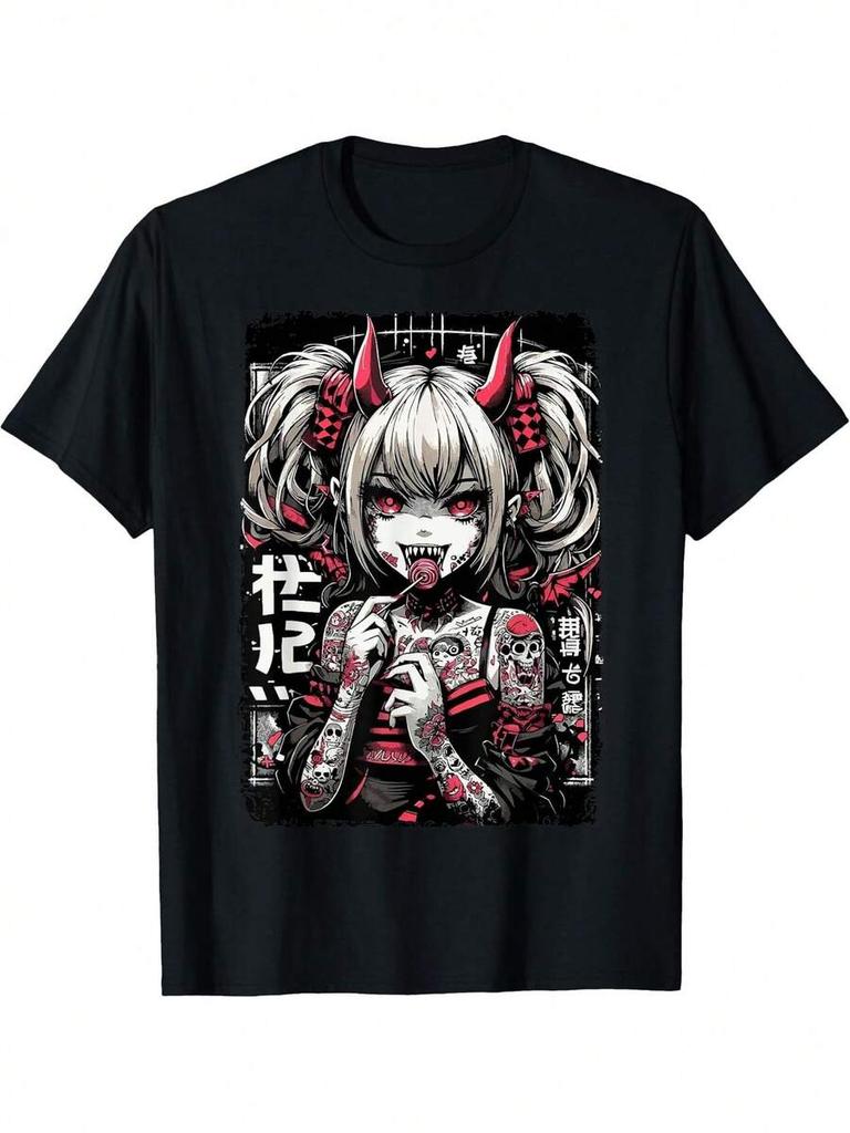 Unisexs Anime Graphic TShirt With Gothic Garbage Demon 100 Horror Aesthetic With Japanese Text And