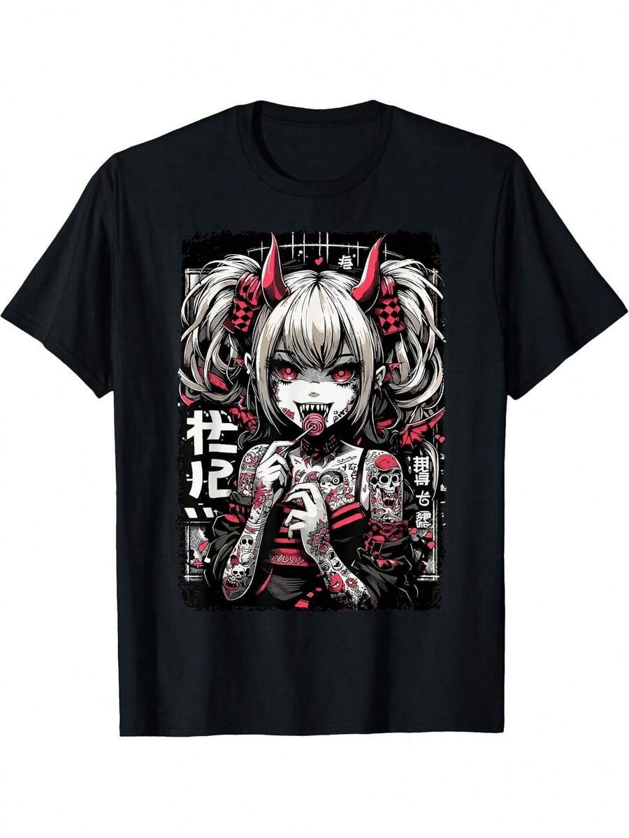 Unisexs Anime Graphic TShirt With Gothic Garbage Demon 100 Horror Aesthetic With Japanese Text And 3XL