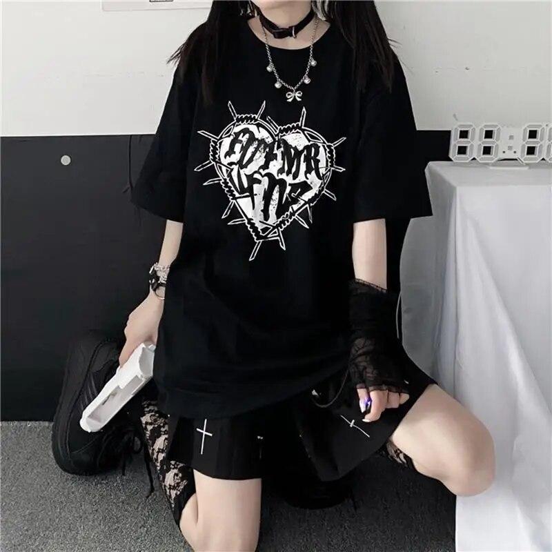 Y2k Fashion Goth Vintage Print T-shirt Women Harajuku Streetwear Dark Gothic Emo Alt Short Sleeve O-neck Loose Black Tee Tops