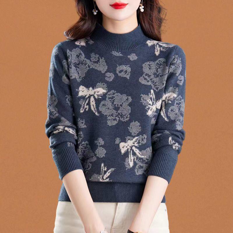 

Полуводолазка жаккардовый женский свитер осень и зима новый модный трикотажный низ рубашки топ 2XL