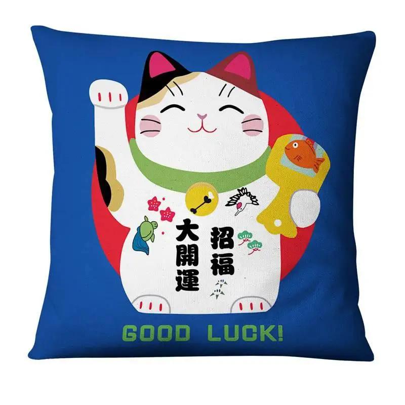 45X45Cm Polyester Japanese Lucky Cat Printing Pillowcase Home Pillow Decoration Ukiyo-E Cushion