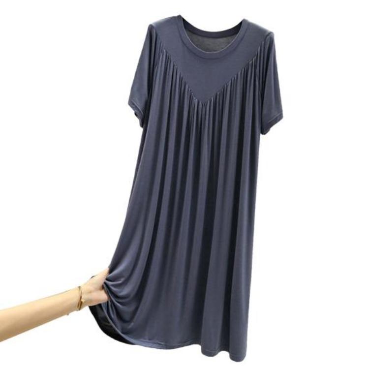 Summer Casual Dress Women Loose Knee Length Pullover Thin Midi Dress Short Sleeves Solid Color Pleated O Neck Daily Wear