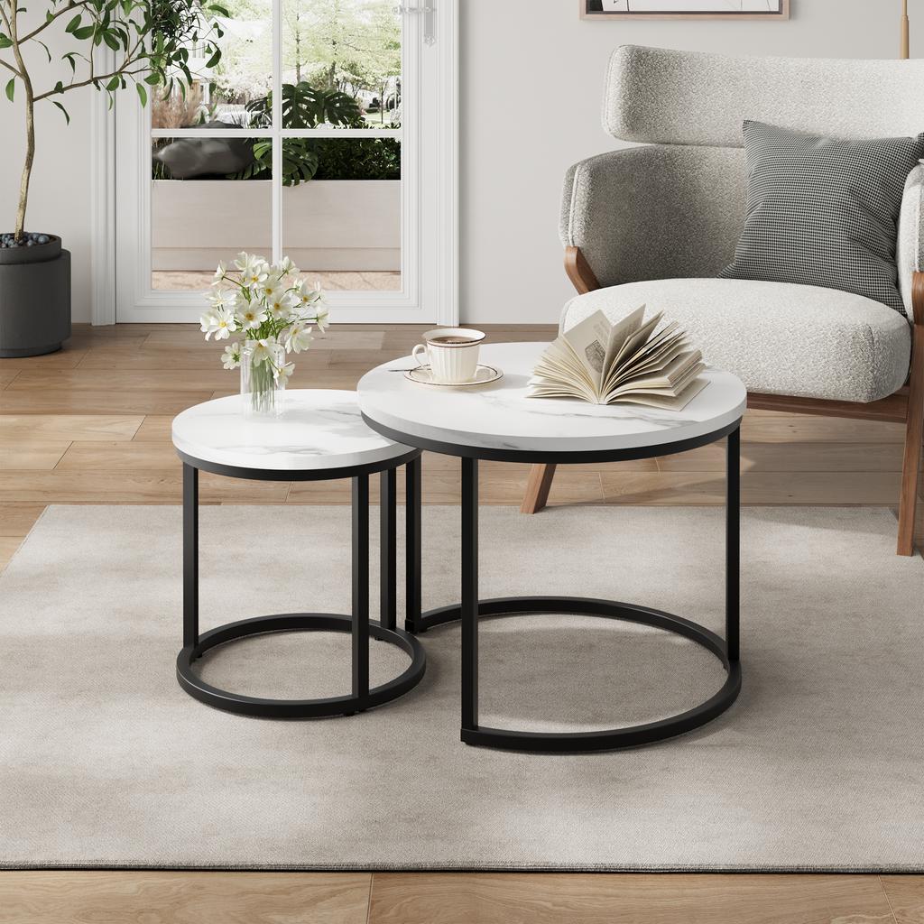 White Nesting Coffee Table 2-Piece Set, 60cm Metal Frame Round Coffee Table, Suitable for Living Room, Bedroom, Balconies, Patios, Offices, Small Room