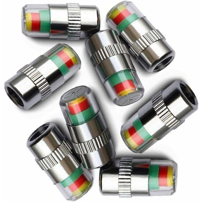 Bouchons de valve - PZCC - Lot de 8 - Indicateur de pression 3 couleurs - Métal chromé - 1x2,5 cm