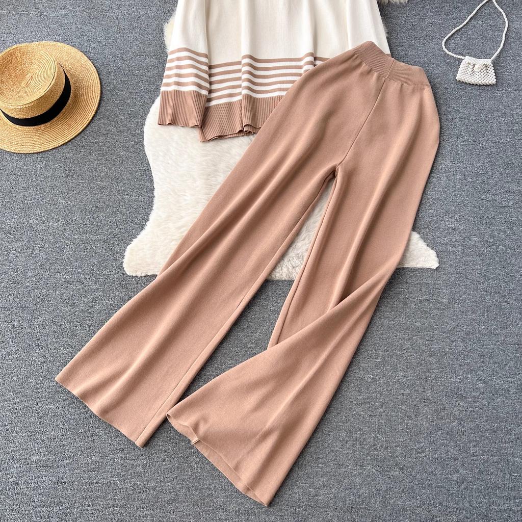 Toamnă Iarnă Femei Grătul cu mâneci lungi Pulover tricotat în dungi Topuri + Pantaloni largi Costume Set două piese Tinute femei