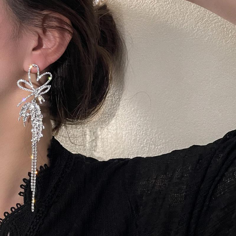 Silver Needle Diamond Heart Earrings: European & American Fashion Long Tassel Bow, Vintage Style for Women.