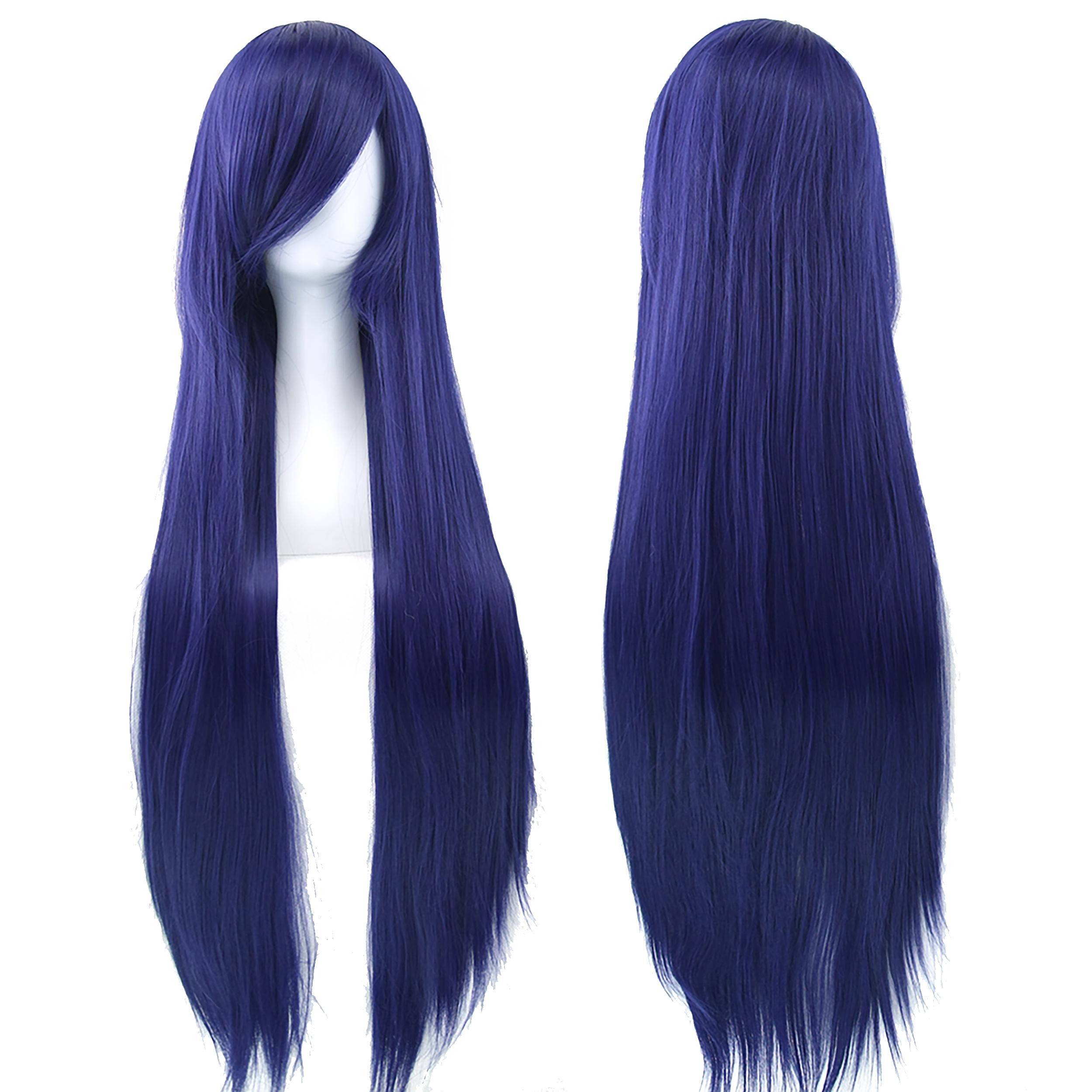 Soowee 80cm Lang Synthetisch Haar Wit Paars Cosplay Pruiken Feest Zwart Haar Rechte Pruik Haarpiece voor Vrouwen 32inches blue
