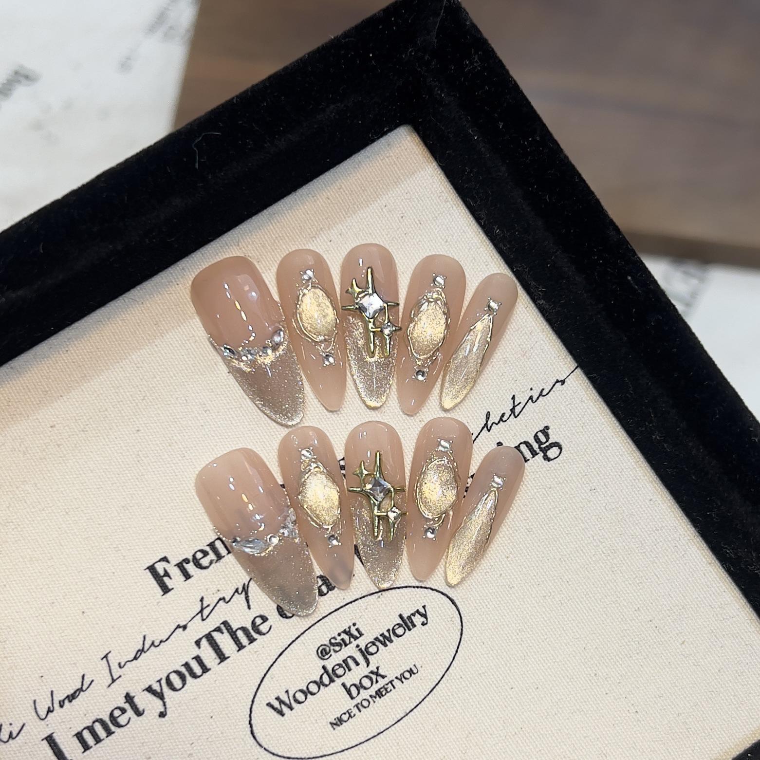 

Dairison Gemini Gold Cat Eye Manicure: Spring/Summer Removable Crushed Diamond Nail Tips Extra Small XS