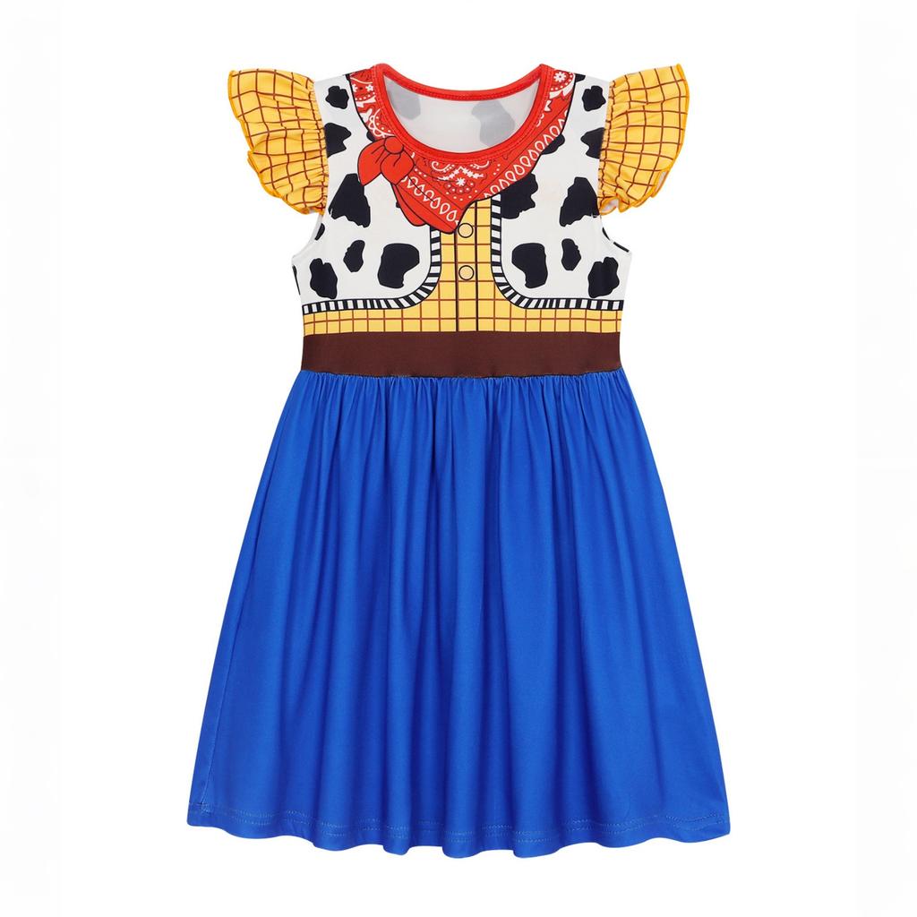Girls Western Style Dress with Printed Vest and Bandana Design Short Puff Sleeves and Gathered Skirt for Halloween Costume Party Dress Up