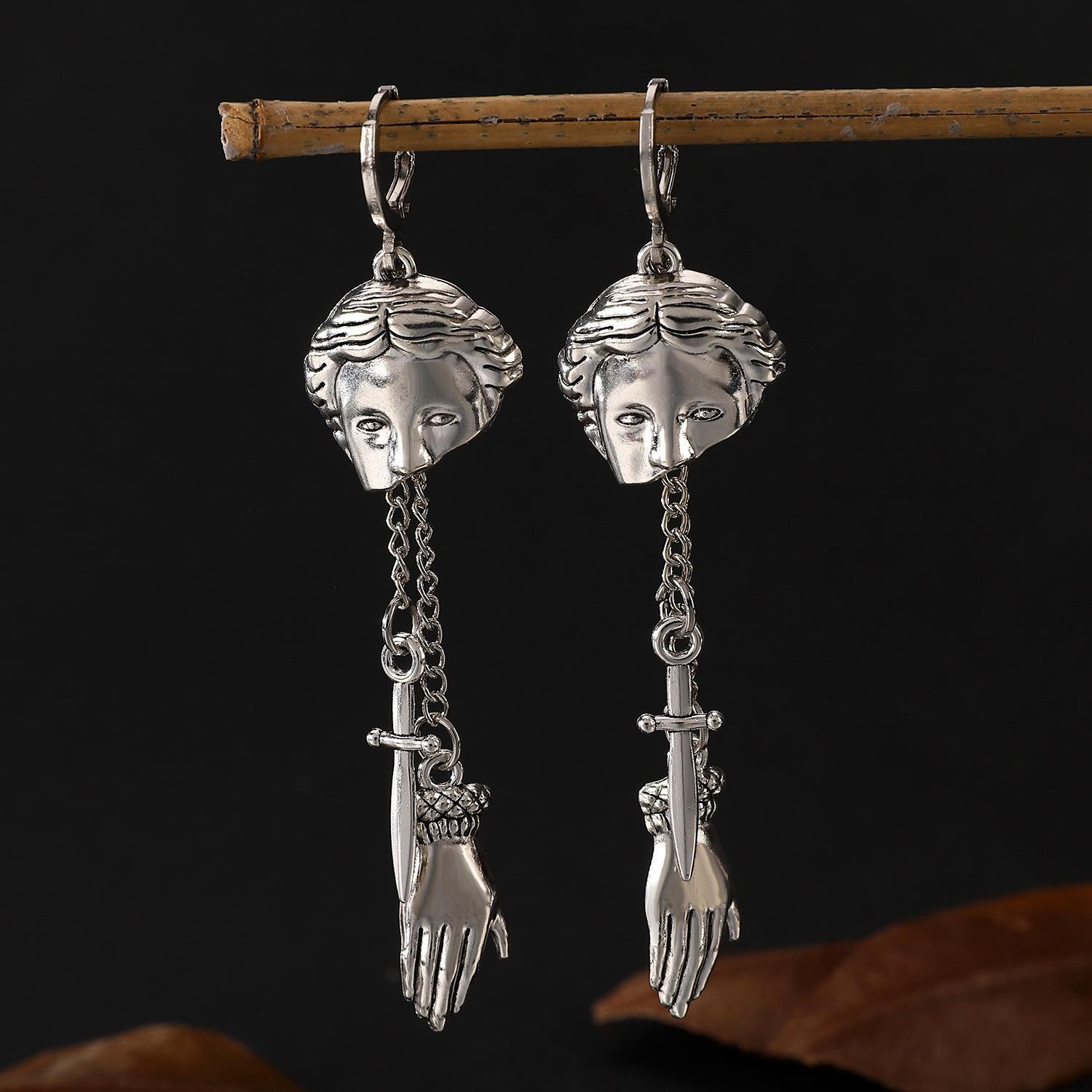 

Gothic Punk Metal Retro Silver Color Earrings Sword Ghost Hand Pirate Skull Tassel Earrings Women s Halloween Accessories
