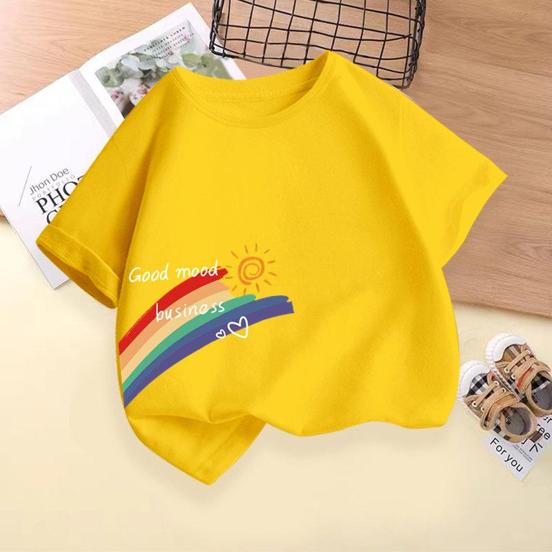 Summer New Children s T-shirt with Rainbow and Sun Print, Trendy Parent-child Brand Crew Neck 100