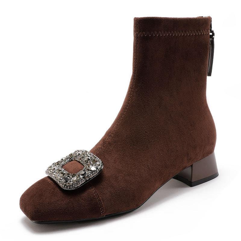 Square Head Suede Short Boots Women's 2025 New Autumn and Winter Thick Heel Medium Boots Rhinestone Square Buckle Low Heel Spring and Autumn Single Bo