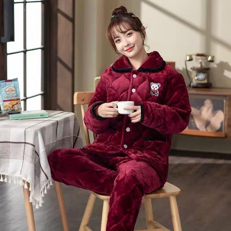 Pajamas women's winter three-layer thickened models fleece coral fleece warm padded cotton autumn and winter women's loungewear