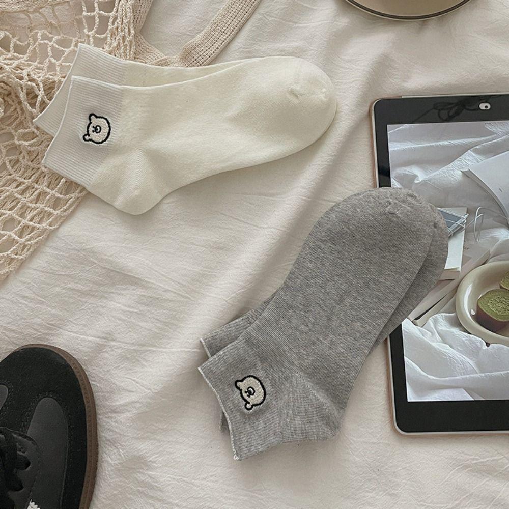 3Pairs Sweet Embroidered Bear Socks Thin Short Tube Socks Women Soft Sweet Ankle Socks  Lady