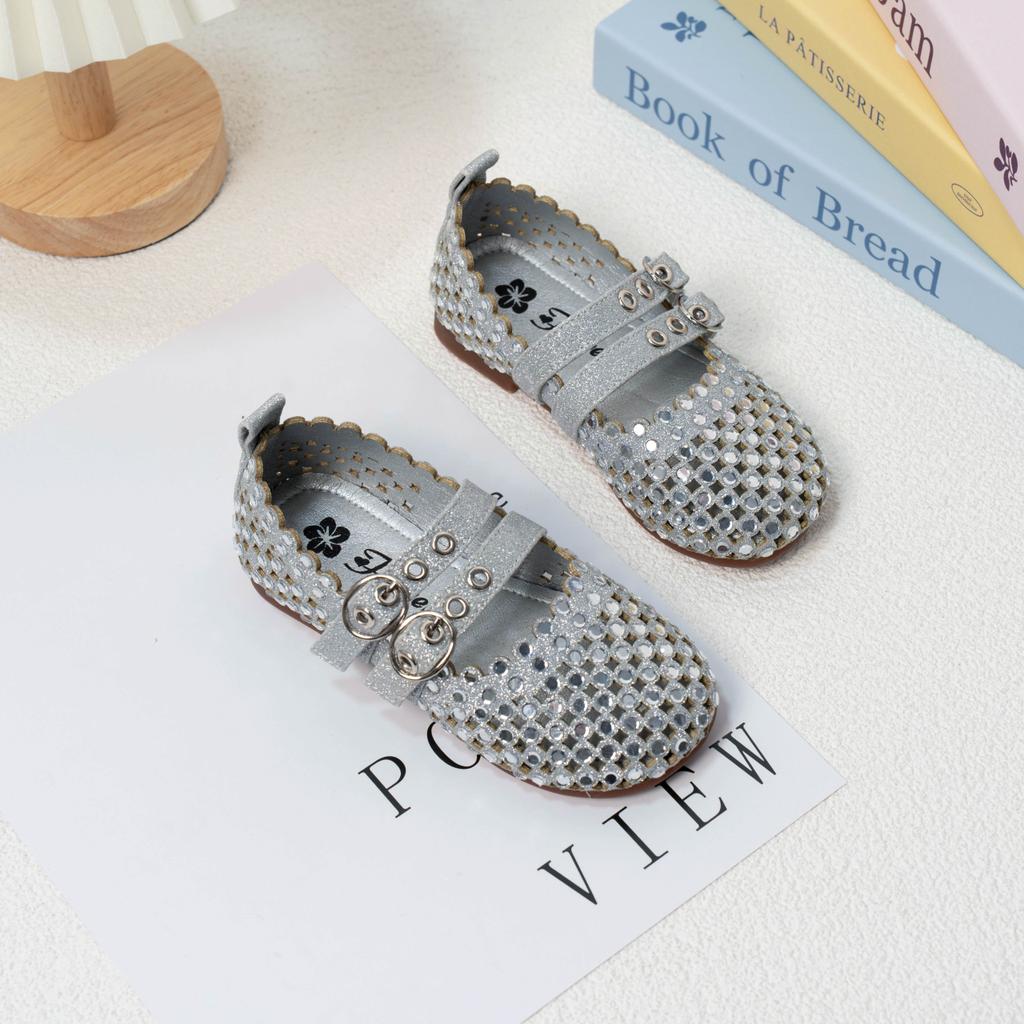 Girls Flat Shoes Shiny Crystal Cut-outs Children Princess Dance Shoes Soft Sole 2025 Summer New Kids Leather Shoes Sweet Cute