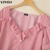 VONDA Women Summer Ruffled V Neck Short Sleeve Striped Casual T-shirts Tops