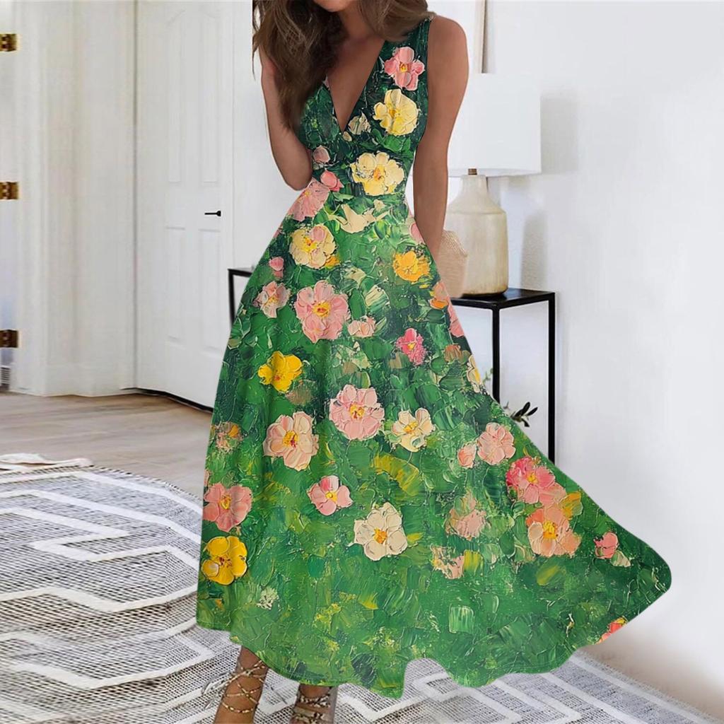Women's Summer Fashion Retro Print V-Neck Sleeveless Long Dress