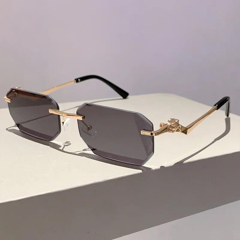 Punk Rimless Vintage Square Sunglasses Women For Men Luxury Brand Designer Sun Glasses Popular Outdoor Metal Leopard Eyeglasses
