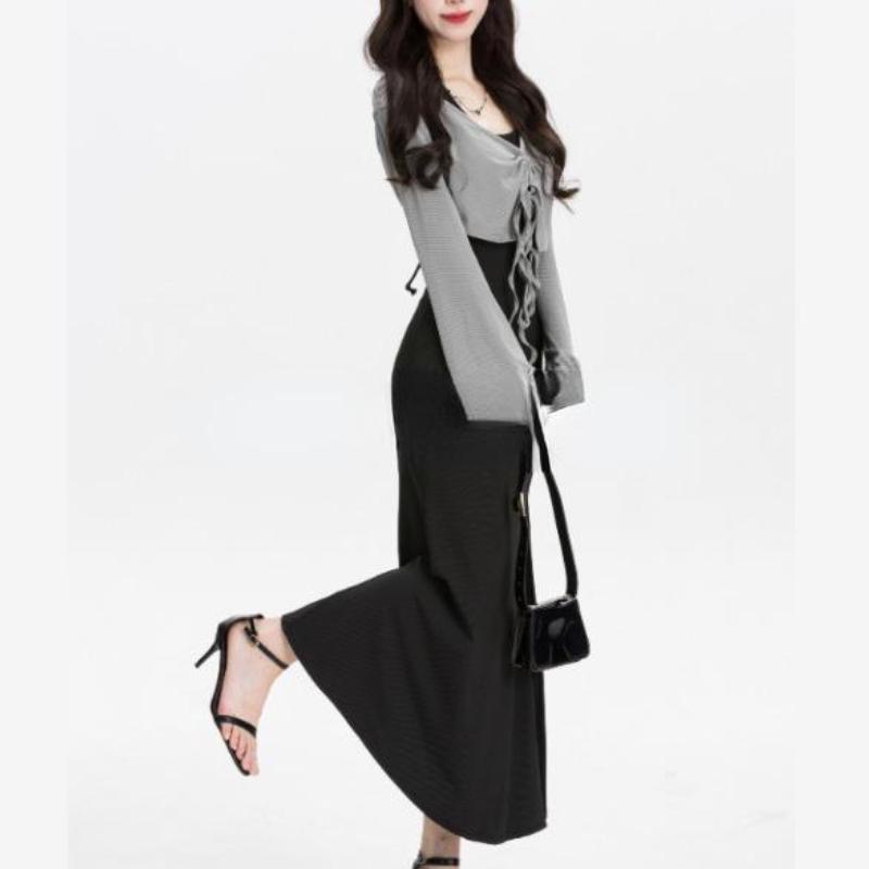 2026 Summer Sexy Retro Casual 2 Piece Dress Set Even Party Women Pure Color Cardigan + Black Midi Dress Korean Fashion Suits
