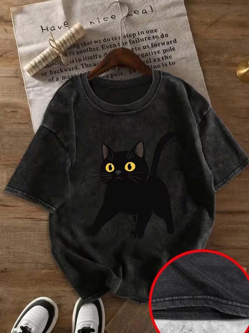 

Cute YK Kitten Graphic T Shirt Casual Loose Streetwear Daily Wear Casual T Shirt Summer Vintage Short Sleeve Top S