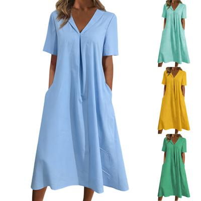 Damen Sommer Mode Lässig Baumwoll-Leinen-Mischung V-Ausschnitt Tasche Kurzarm Kleid