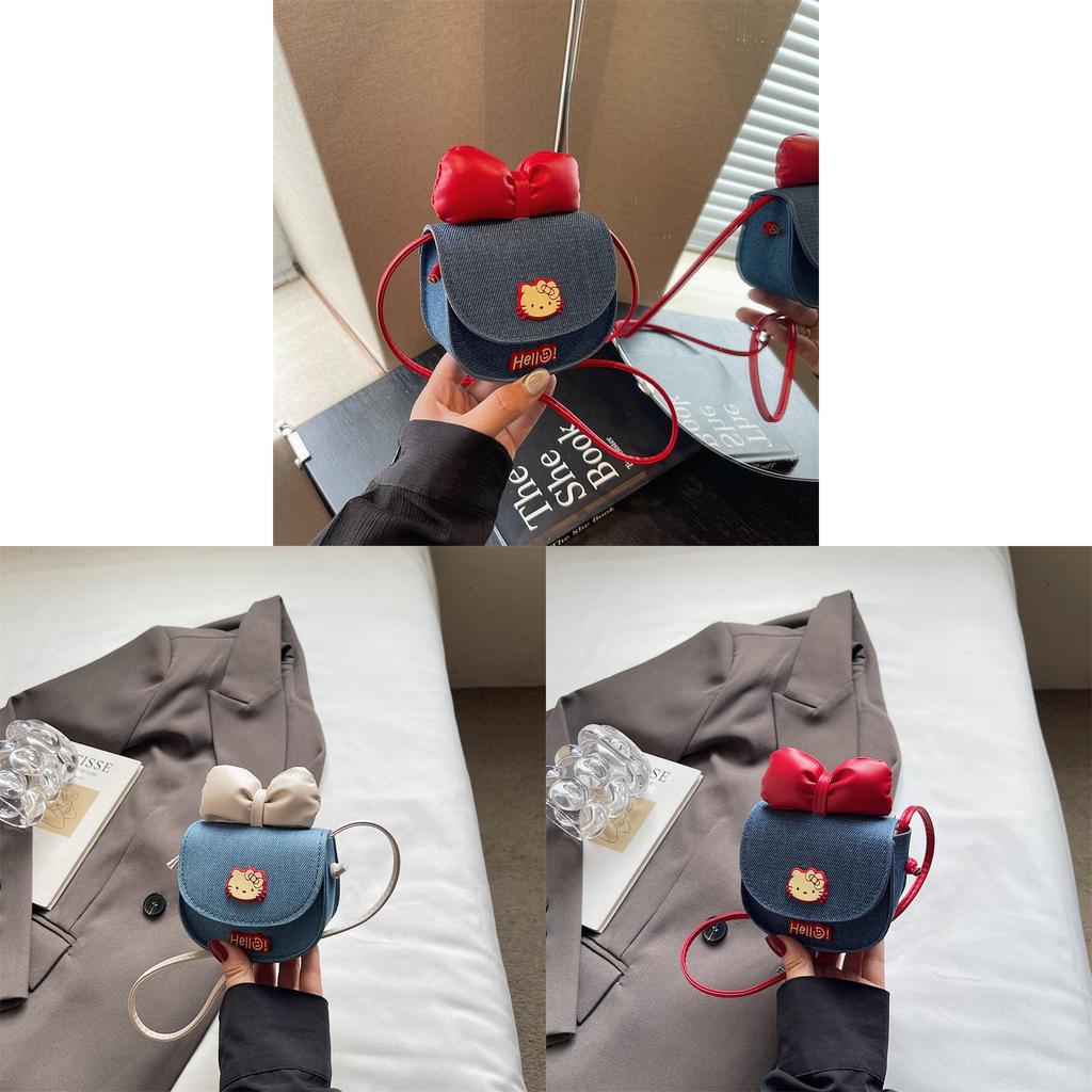 Hello Kitty Denim Butterfly Knot Bag Small Crossbody For Casual Street Style Womens Fashion