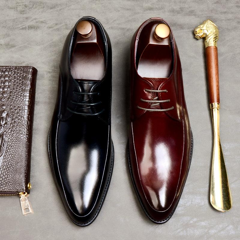 Men'S Leather Business Leather Shoes Lace-Up Low-Top Pointed Wedding Shoes Men'S Formal Single Shoes