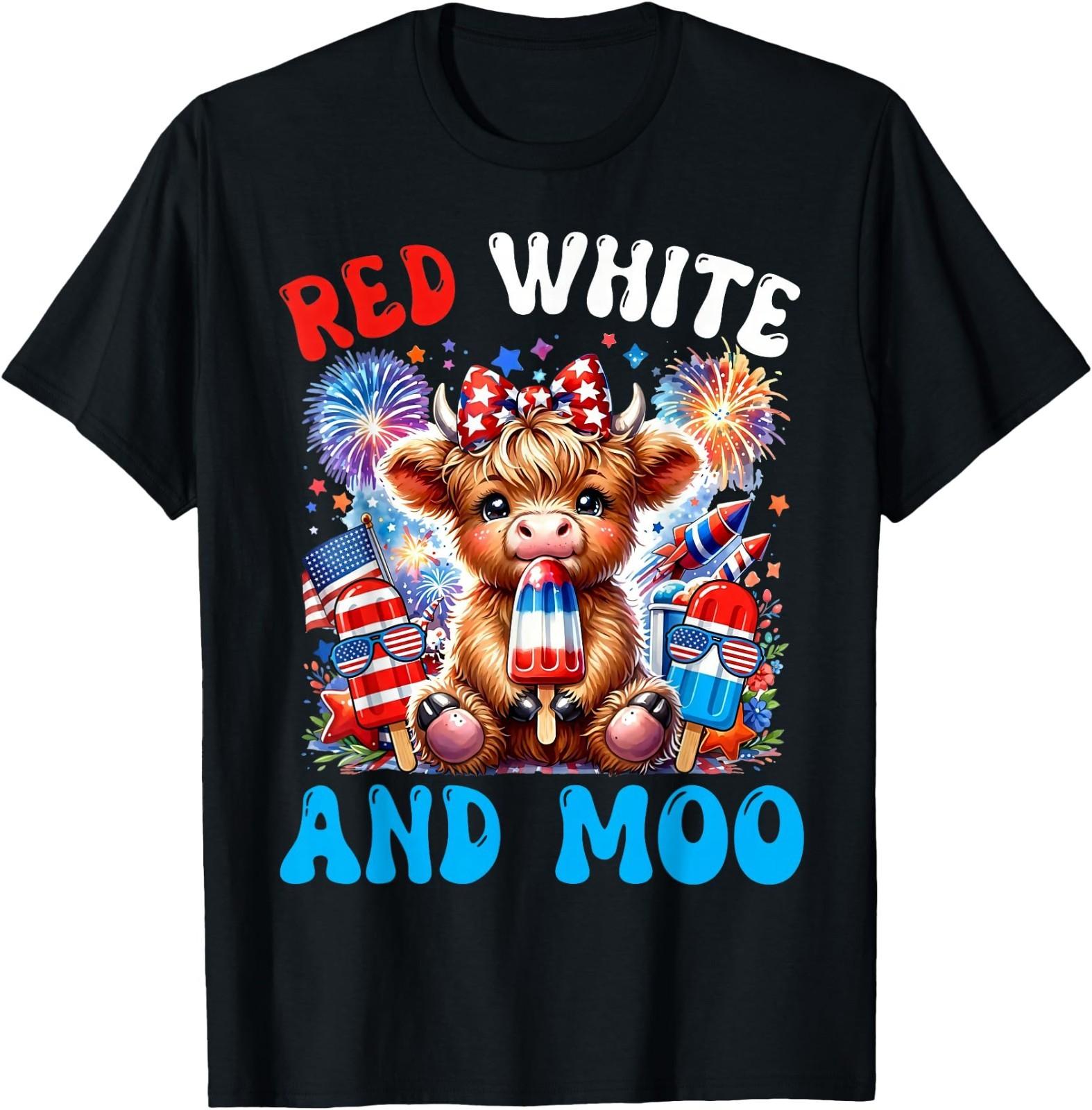 4th of July Highland Cow Popsicle Patriotic Red White & Moo T-Shirt XXL