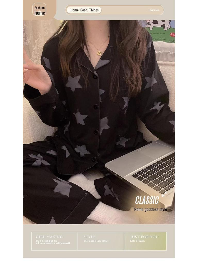 Women's Star Print Long-Sleeve Pajama Set - Black