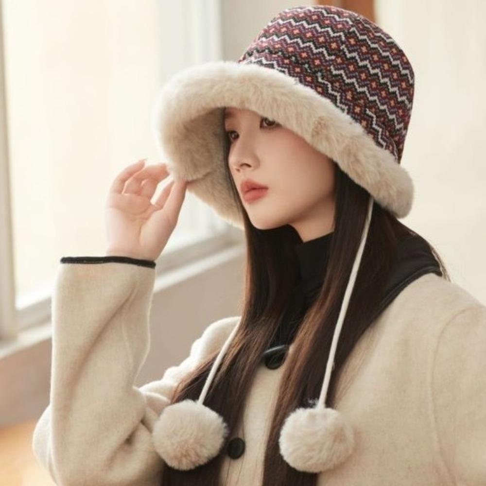 

Windproof Winter Plush Hat Thickening Bucket Hat Outdoor Beanie Hat for Women вина червоного кольору