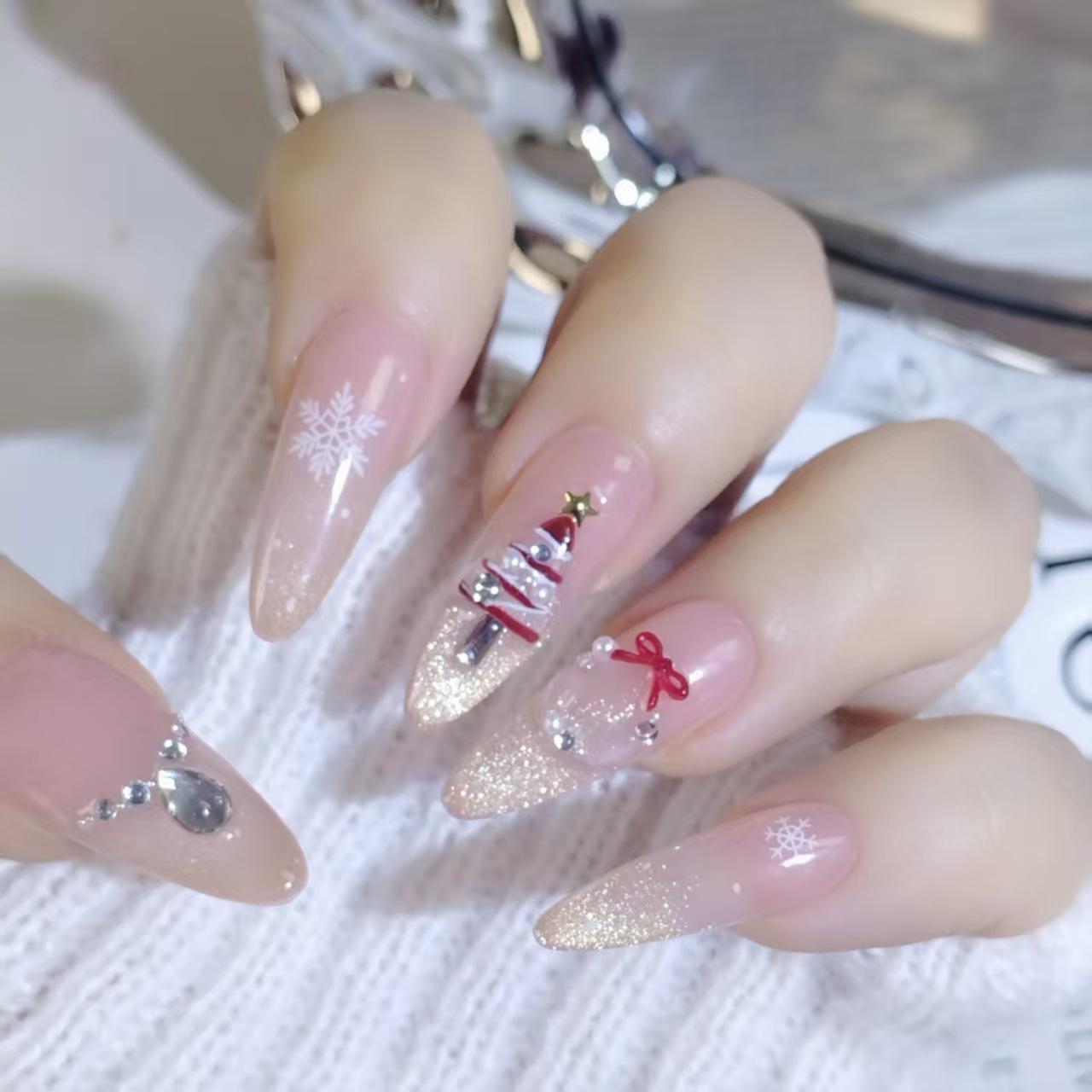 Elegant Handmade Long Cat Eye Christmas Nails with Snowflakes and Rhinestones Medium
