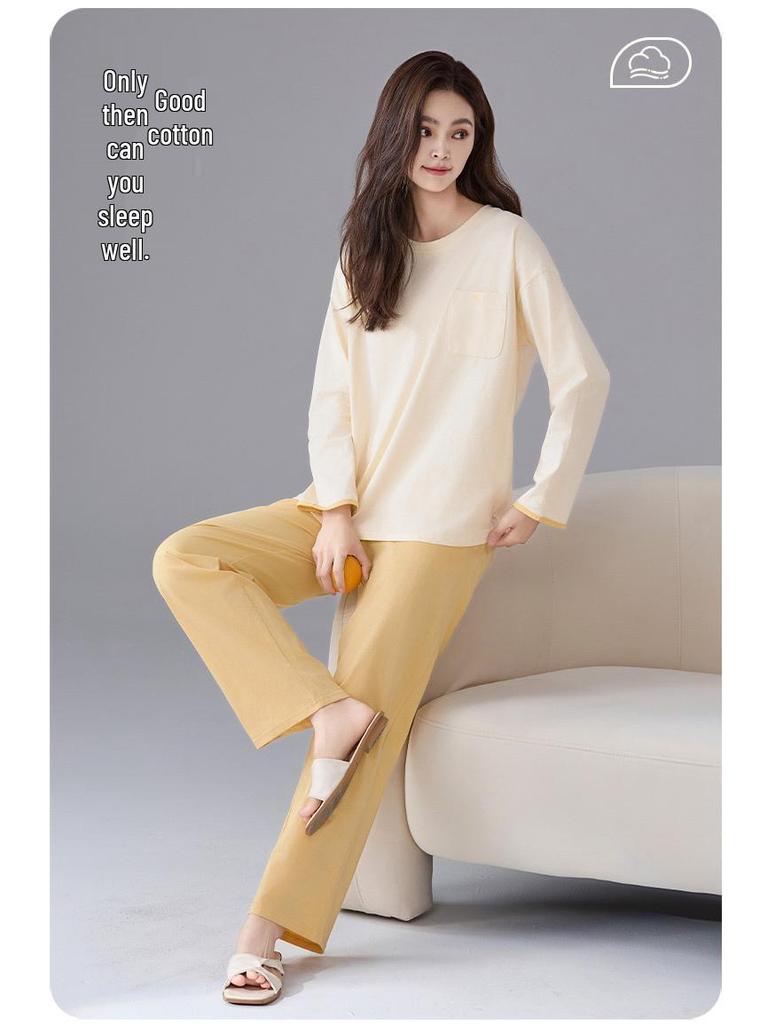 Women's Pure Cotton Pajamas with Chest Pad - Long Sleeve, Plus Size, for Autumn/Winter. Wearable Outdoors, Loose Fit Homewear.