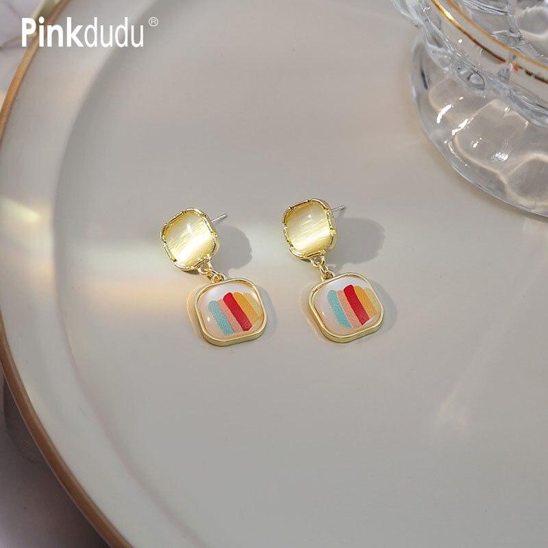 

Pinkdudu модные квадратные опаловые радужные серьги-капли романтические простые геометрические серебряные серьги-иглы для женщин ювелирные изделия PD1402