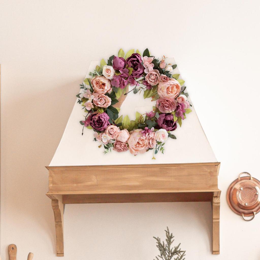 Spring Wreath Front Door Hanging Ornament Artificial Peony Flowers Garland 15.75inch for Garden Party Balcony Festival New Year