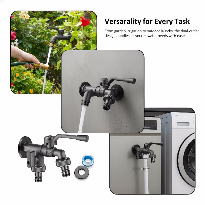 Outdoor Dual Outlet Garden Water Faucet 2 Way Zinc Alloy Freeze Proof Tap for Frost Protected Lawn Watering