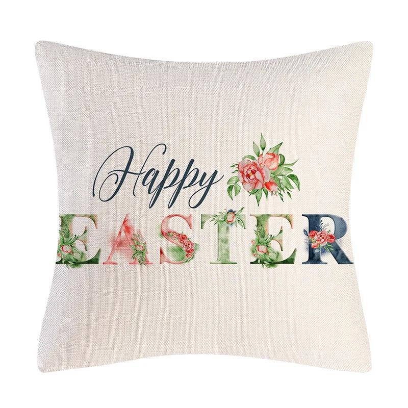 Happy Easter Cushion Cover Bunny Eggs Printed Pillow Cover Easter Rabbit Printed Pillowcase Home Decorative Throw Pillow Case