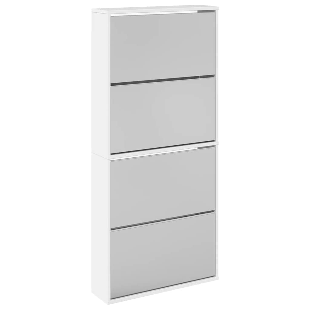 Schuhschrank mit Spiegel 4 Klappfächer Hochglanz Weiß 63 x 17 x 134 cm