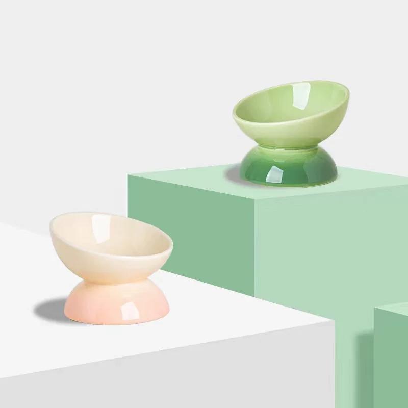 Gradient Color Elevated Ceramic Cat Bowl, Slanted Neck Protection Pet Food Bowl, Cute Raised Cat Bowl for Cats Dogs