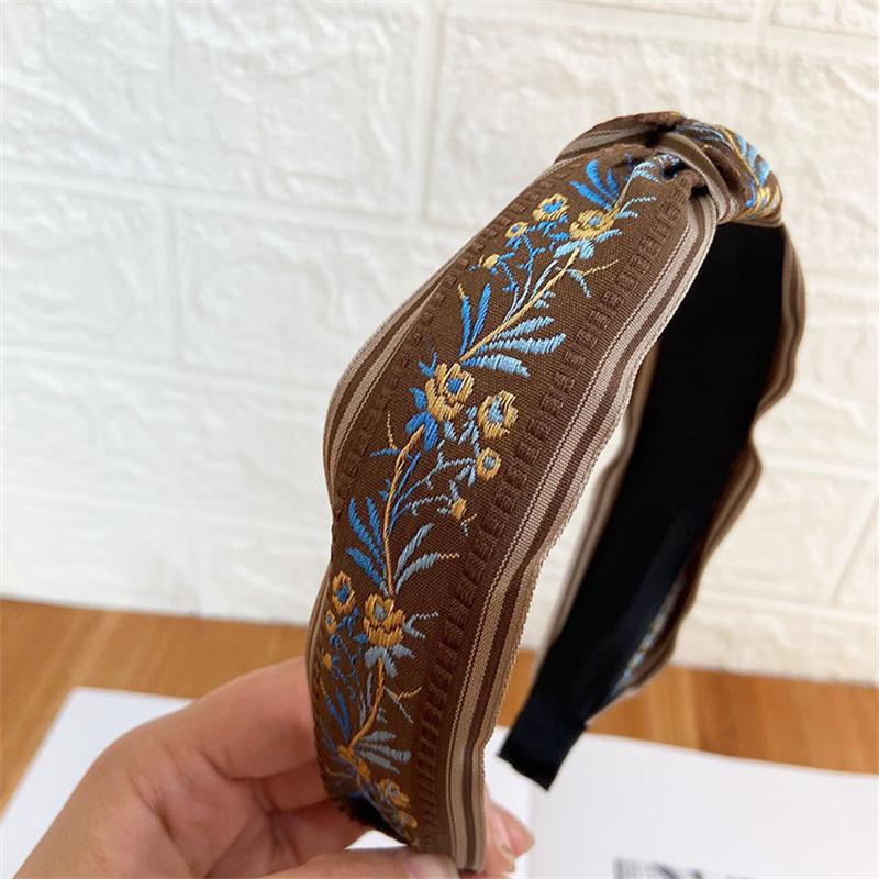 Vintage Women Girls Headband Floral Embroidery Tape Bow Knot Hairband for Ladies Daily Shopping Dress Up Hair Hoop Accessories