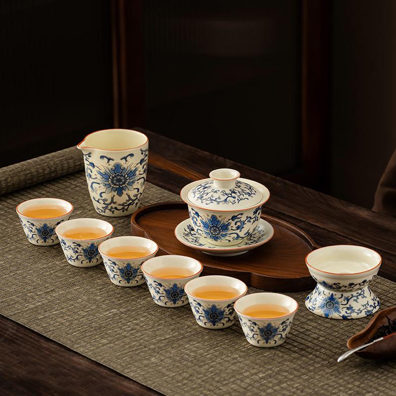 Guochao Ru Kiln Blue and White Wrapped Lotus Xishi Pot Kung Fu Tea Set Chinese Light Luxury High-end Gift Box Gift Printing