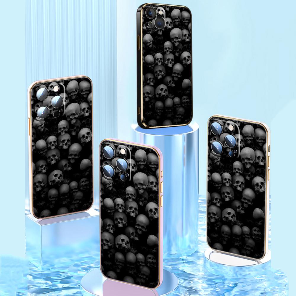 

N60 Nightmares череп арт-дизайн с золотым покрытием края Мягкий чехол для телефона из ТПУ для iPhone 15 14 13 Pro Max 8 Xiaomi 13T Redmi Note 12S Противоударная задняя крышка