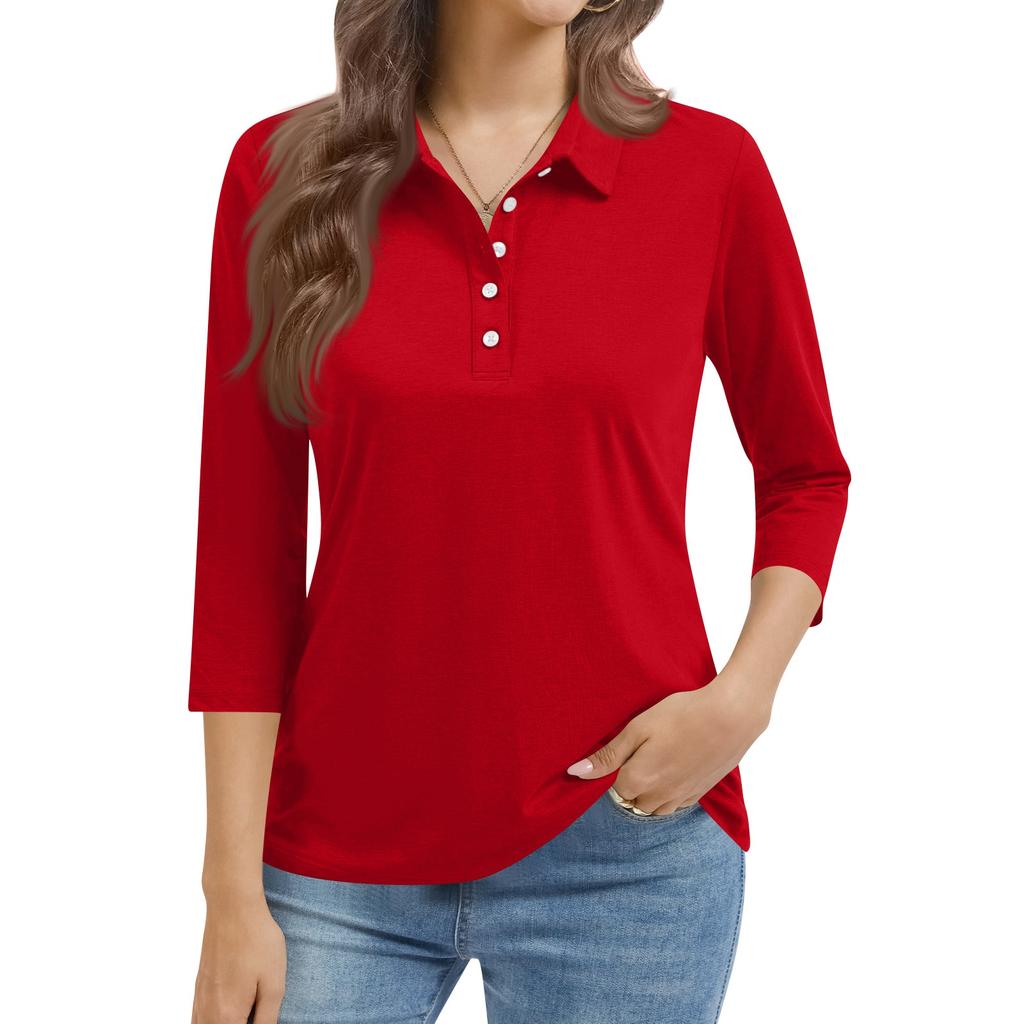 Women's Fashion Casual Lapel Short 3/4 Sleeve Color Shirt Women's Button Up Tops