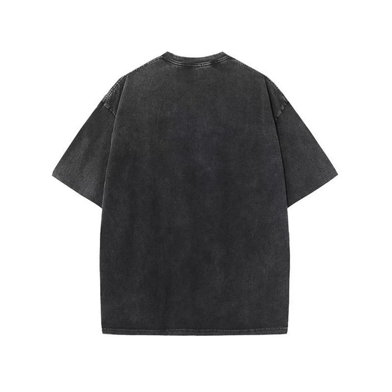 European Size Abstract Face Print Summer Trendy Oversized Shoulder Sleeve Extra Large Vintage Distressed Pure Washed Craft Round Neck T Shirt
