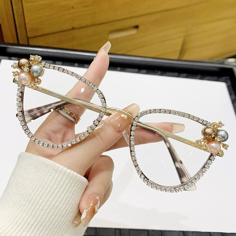 Triangular Cat-eye Rhinestone-encrusted Non-prescription Glasses, Anti-blue Light Luxury Eyeglass Frames, Pearl Retro-style Eyeglass Frames
