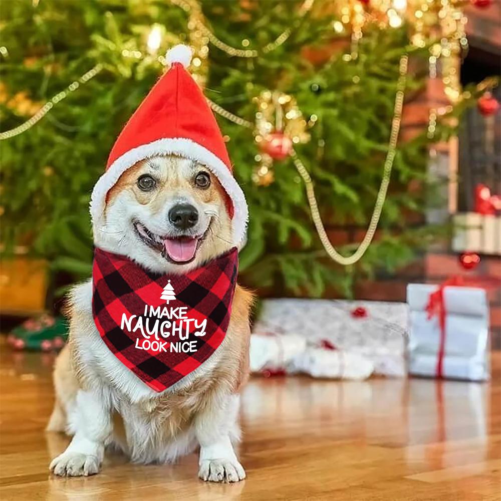 Santa's Little Yelper Printing Dog Christmas Bandanas Pet Christmas Gift Xmas Dog and Cat Bandanas Plaid Triangle Scarf Bibs
