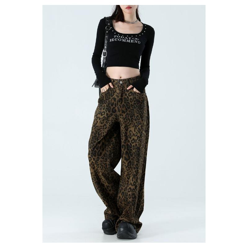 Womens High Waist Leopard Print Wide Leg Jeans Y2K Baggy Denim Trousers Streetwear