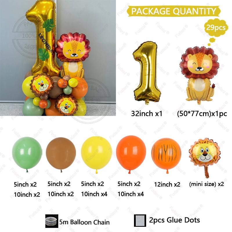 Set de 29 ballons dorés Chiffres 1-9 Anniversaire Ballon Lion Dessin Animé Thème Animaux de la Jungle Décoration de Fête Accessoires Photo Festival