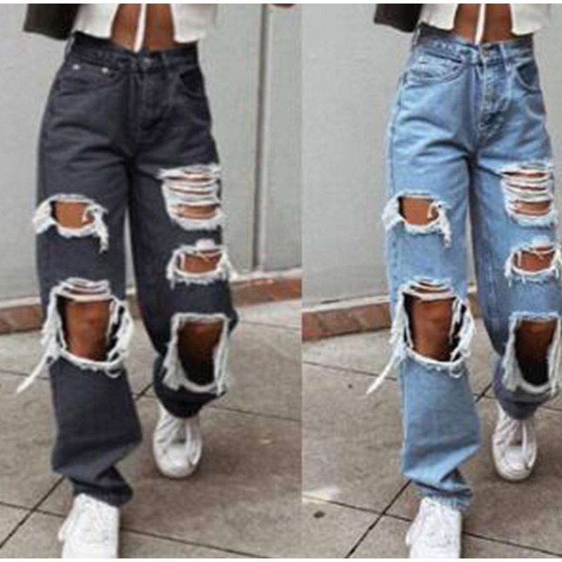 Ripped Vintage Women's Jeans Distressed Streetwear Hole Hip Hop High Waist Pants Fashion Straight Denim Trousers Summer Jean
